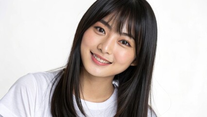 Naklejka premium A young woman with long black hair, wearing a white shirt, smiles warmly against a plain white background.