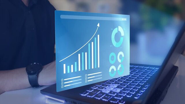 Data analysis is conducted using digital charts and financial dashboards