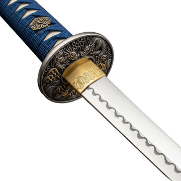 Close up view of traditional Japanese katana sword handle and blade.