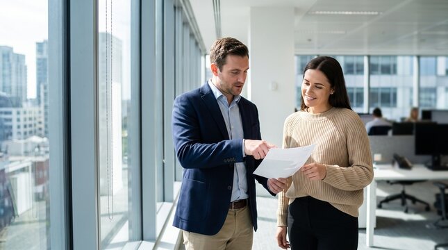 Dua Rekan Kerja Profesional Sedang Berdiskusi Mengenai Dokumen Laporan di Kantor Modern dengan Pemandangan Kota