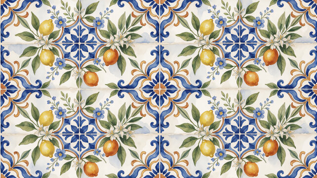 Luxury Portuguese Azulejo Citrus Garden Seamless Pattern