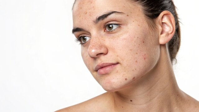 A close-up portrait of a young woman with acne-prone skin, showing natural texture and blemishes on her face.