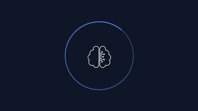 Minimal animated AI brain icon inside a circular progress outline on a dark background. Modern motion graphic for artificial intelligence, machine learning, neural networks, and technology interfaces.