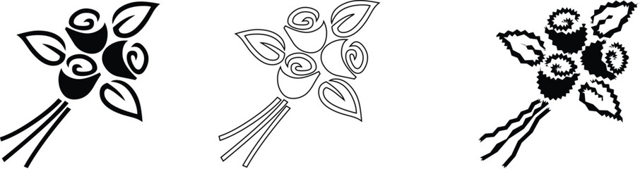 Obraz premium Flower bouquet of roses icon set with bold silhouette, thin line, and hand drawn textured styles isolated on white background