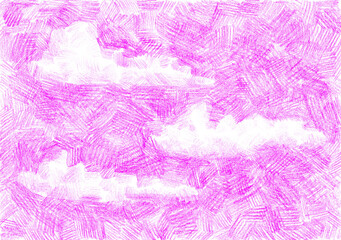 Hand drawn sky illustration with white clouds and pink crayon strokes. Textured background with soft clouds and sketchy pencil lines. Perfect for kids design, scrapbooking, or digital projects.
