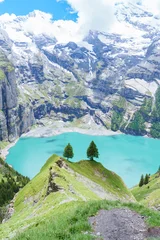 Fotobehang Turkoois Scenic landscape of Oeschinensee or turquoise Oeschinen Lake in summer under blue sky with wildflowers and Stunning Swiss Alps. Spectacular green meadow hiking trail view, Kandersteg, Switzerland  © Jo Panuwat D