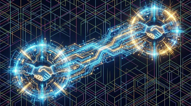 Abstract digital circuit network of glowing golden handshakes representing technological alliance and cyber agreement