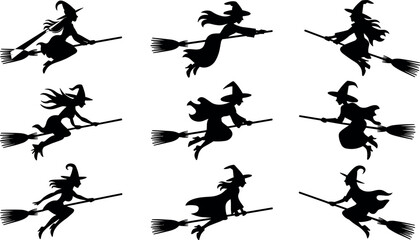 Flying witch on broomstick silhouette set collection featuring halloween fantasy magic icon isolated on white background © Raju
