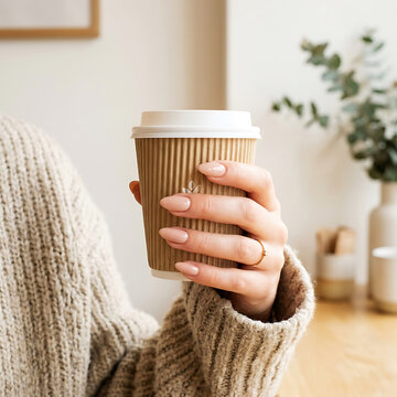 Hand holding a white paper coffee cup with cardboard sleeve outdoors