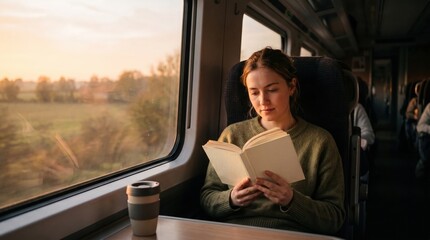 Fototapeta premium calm young woman in a green sweater reads a book while traveling on a train, with golden sunset light streaming through the window.