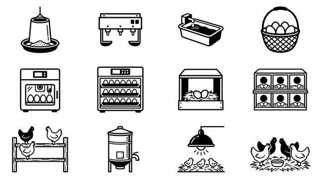 Black and white chicken farm icons.