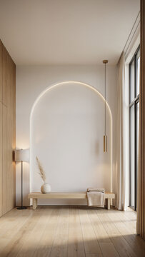 Modern minimalist interior room with arch wall and bench interior minimalist architecture furniture background scandinavian peaceful residential contemporary building