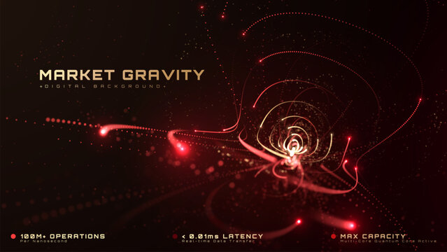 Futuristic Red Light Gold Dot Particle Curve Vortex Establishes Luxury Market Gravity Force Idea Showing Strong Corporate Tech Finance Wealth Generation Capability.