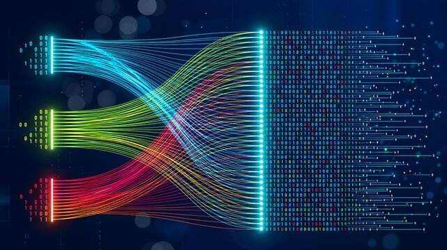 Digital data streams transforming into binary code representing high speed network processing and big data analytics computing