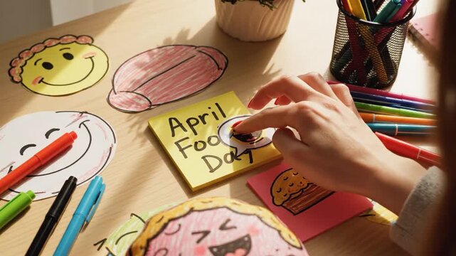 Creative hands placing sticker on April Fools' Day note with colorful drawings on wooden table