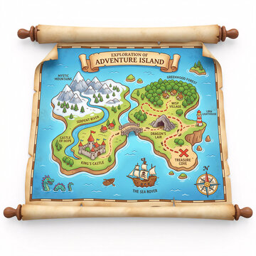 Carte au tr&eacute;sor d&rsquo;une &icirc;le d&rsquo;aventure sur un parchemin