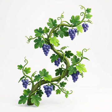 Vigne grimpante charg&eacute;e de grappes de raisin violet en illustration 3D