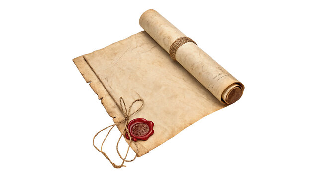 Ancient rolled paper scroll manuscript with red wax seal isolated on transparent background cut out