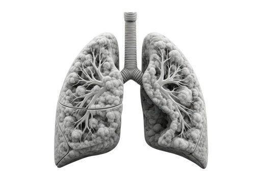 Anatomically accurate human lung and trachea filled with grey and white smoky clouds on a white background respiratory health awareness concept