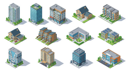Fototapeta premium Isometric Building Collection: Modern Architecture, Cityscape & Residential Icons