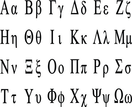 Greek letters collection with elegant serif and sans serif styles, mathematical and scientific symbols, scalable vector alphabet isolated on white