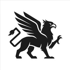 Fototapeta premium Black griffin silhouette mascot walking on white background.