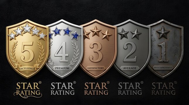 Five metal shields representing a star rating system for service quality evaluation on black leather background