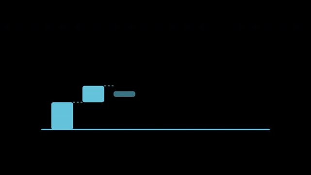 Waterfall chart bars rising step by step, flat motion graphic overlay on transparent background, blue