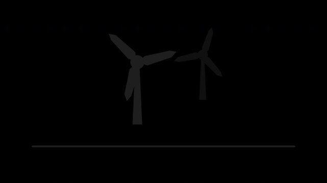 Spinning wind turbines on the horizon, flat motion graphic overlay on transparent background, black