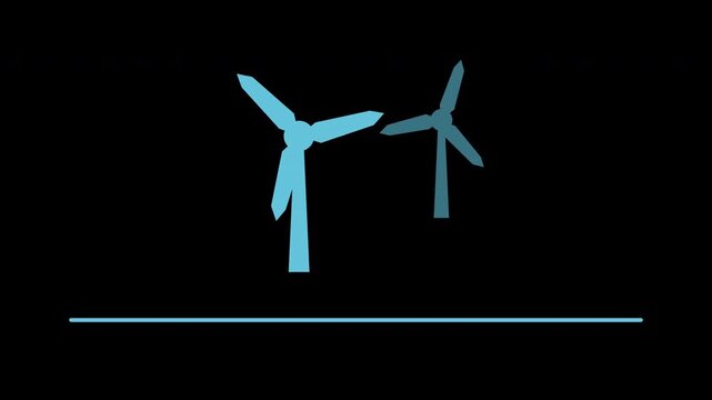 Spinning wind turbines on the horizon, flat motion graphic overlay on transparent background, blue