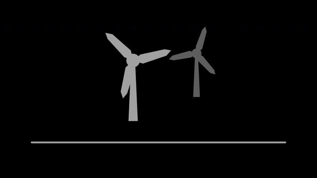 Spinning wind turbines on the horizon, flat motion graphic overlay on transparent background, gray