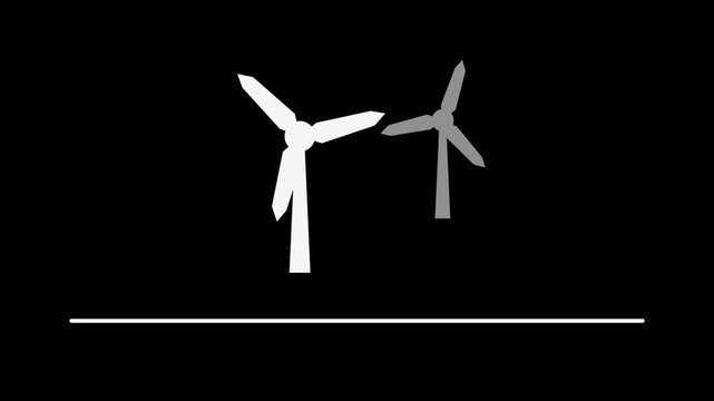 Spinning wind turbines on the horizon, flat motion graphic overlay on transparent background, white