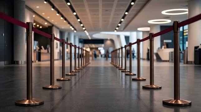 Retractable belt stanchions forming a long queue line in a modern bright commercial airport terminal interior
