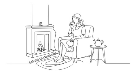 Fototapeta premium Woman drinking tea by fireplace in continuous one line drawing style
