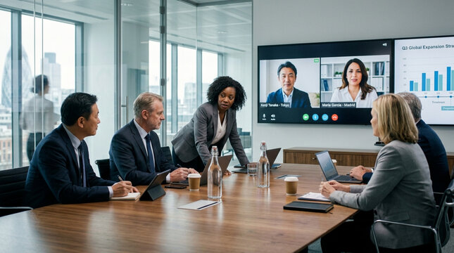 Diverse business team in modern conference room with video conference call