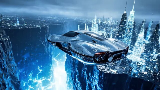 Sleek silver flying car over a neon metropolis.