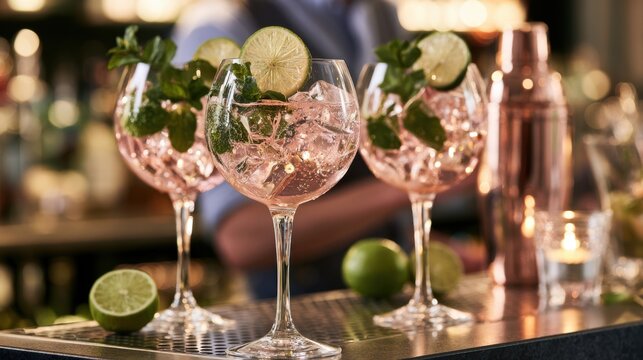 Refreshing pink gin and tonic cocktails served in elegant large balloon glasses with fresh green mint leaves lime slices and ice cubes on a stylish dark bar counter with a copper shaker behind