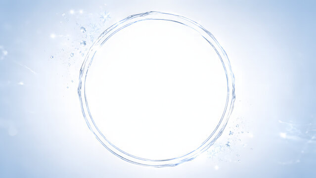 Beautiful winter snowflake circle frame with icy silver metallic ring and water droplets on pale blue background. generated by AI.
