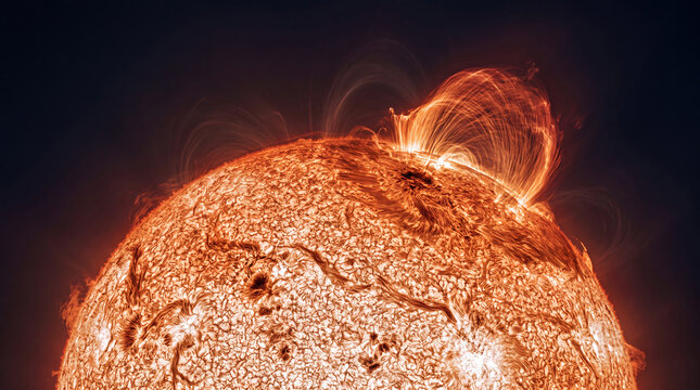 Solar flare coronal mass ejection erupting from sun surface with plasma filaments