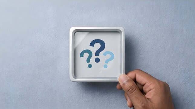 Question mark symbols inside a square silver frame held by a person against grey background