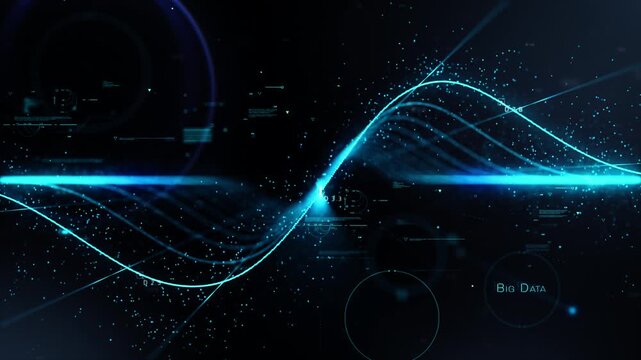 Glowing blue digital wave particles flow through complex data streams in this seamless motion animation