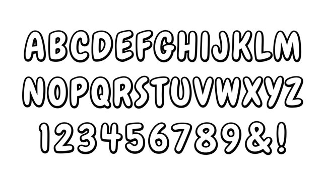 Hand-drawn bubbly alphabet and numbers on white background, playful font