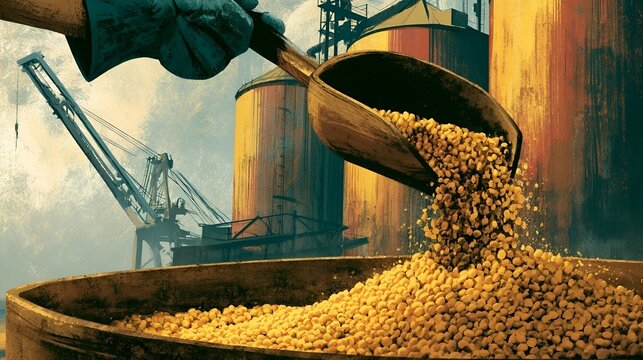 A gloved hand uses a scoop to pour freshly harvested soybeans into a container, with large grain silos and a port crane in the background.