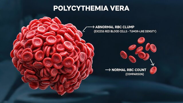 Dark blurred teal background 3D medical comparison render of polycythemia vera, massive abnormal red blood cell clump vs sparse normal RBC count hematology pathology educational diagram
