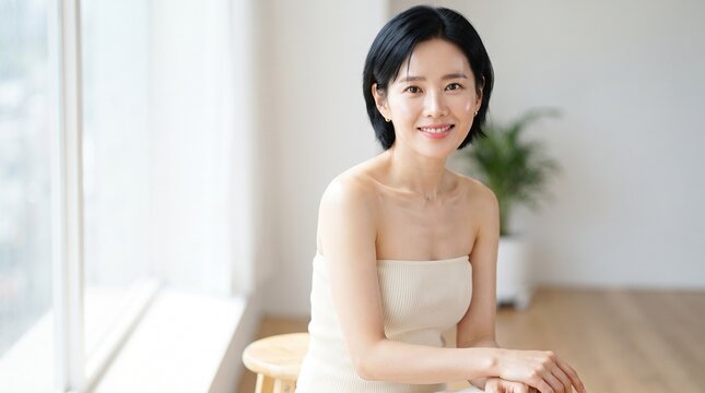 A young Asian woman sitting in a bright and airy room with a warm smile