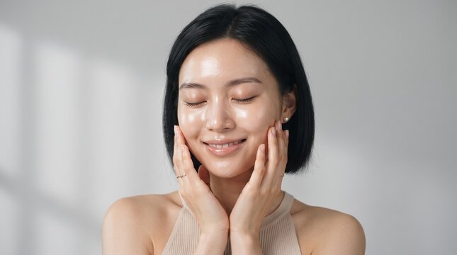 A serene Asian woman enjoying a skincare routine with a gentle smile