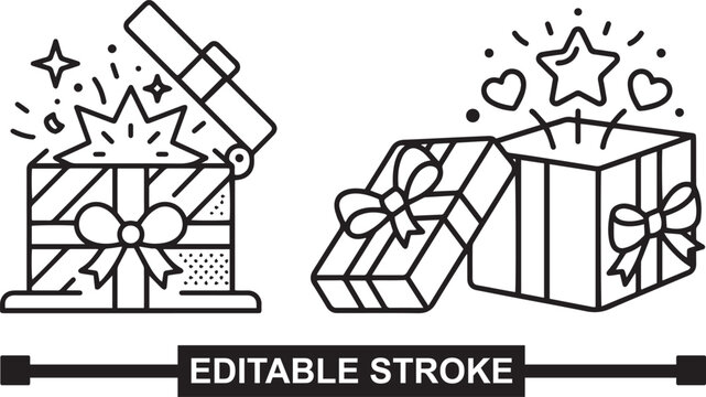 Two gift boxes are opened and closed, revealing sparkling surprises, presented as editable stroke line art icons.