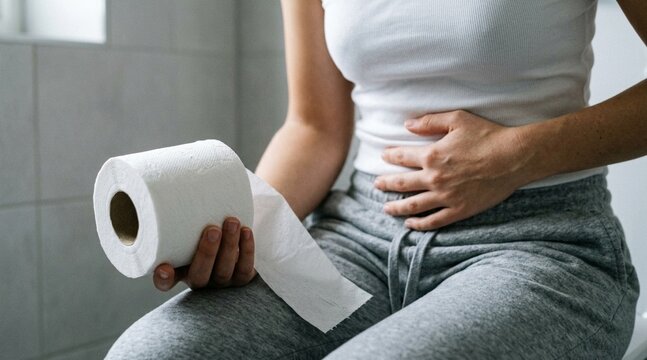 Woman holding toilet paper feeling stomach pain or digestive discomfort
