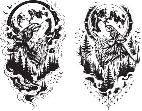 Two wolf head illustrations howling at night sky moon with pine tree forest silhouettes and star patterns for artistic tattoo designs.