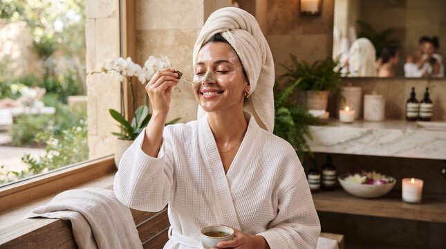 Mature woman enjoying spa facial treatment with cucumber slices. Relaxed senior female receiving skincare therapy in luxury wellness center.
